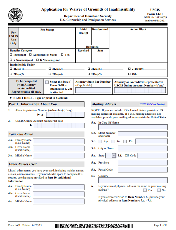 Method of filing a waiver after a U.S. visa denial